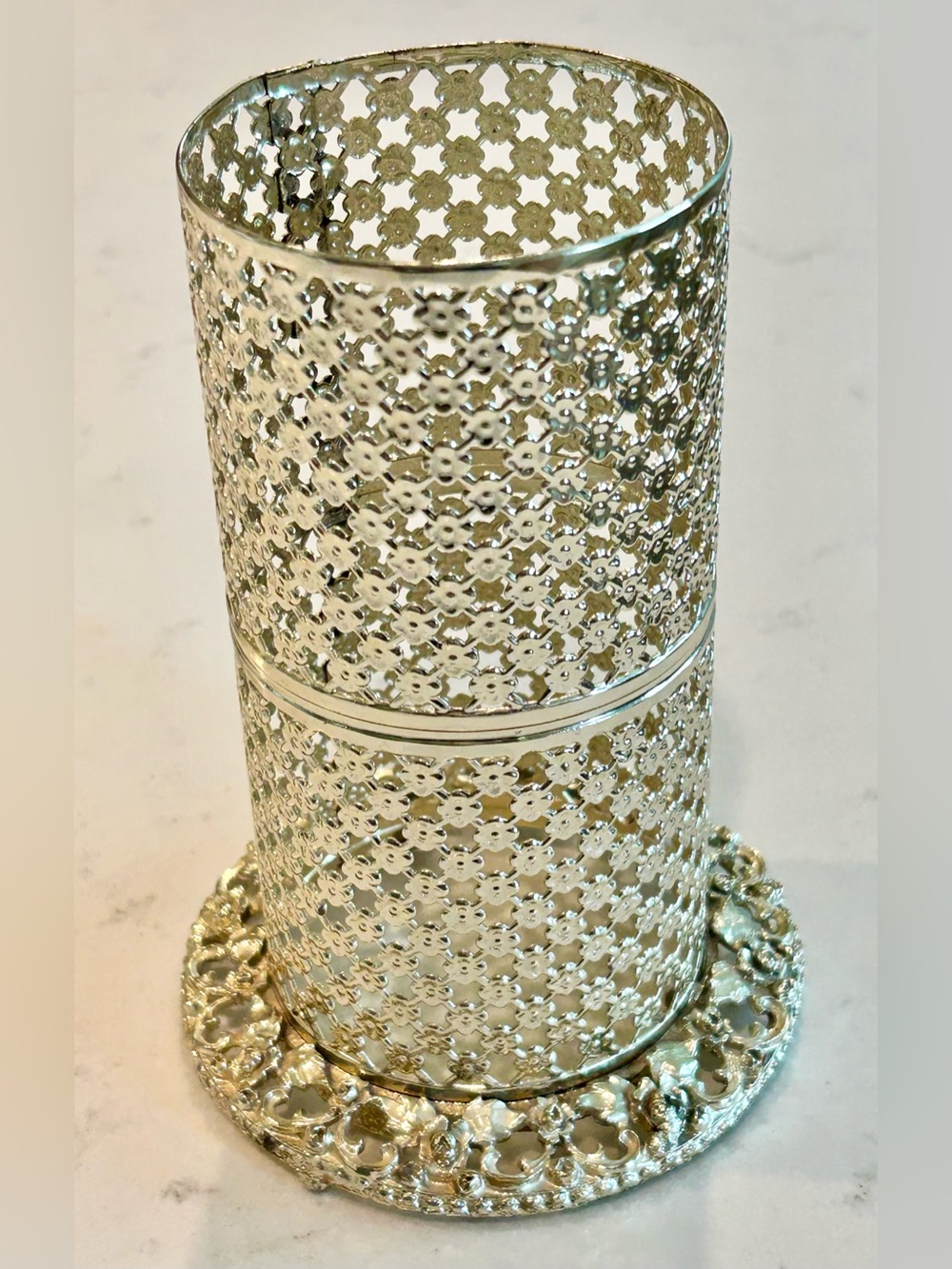 Vintage ornate filigree metal hurricane candle holder